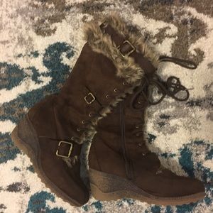 Brown suede winter wedge boots